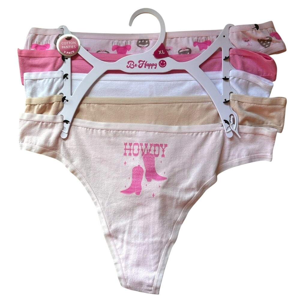 Be Happy Women's 5 Pack Cotton Thong Panties Size XL Multicolor Printed